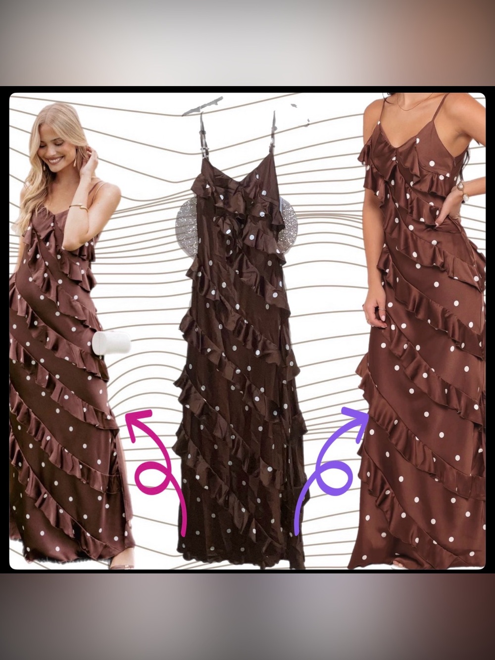NWT Petal & Pup Ciao Ruffles Maxi Satin Dress Sz XS Polka Dot Brown